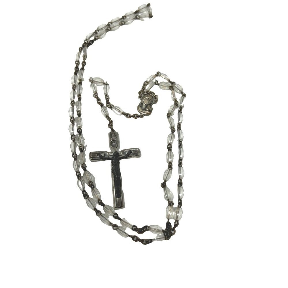Vintage Rosary Clear Beads Oval Shaped Metal 26" Five Decade